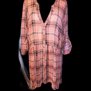 Cute Torrid hi low sheer Blouse plaid pink brown tunic plus size 4